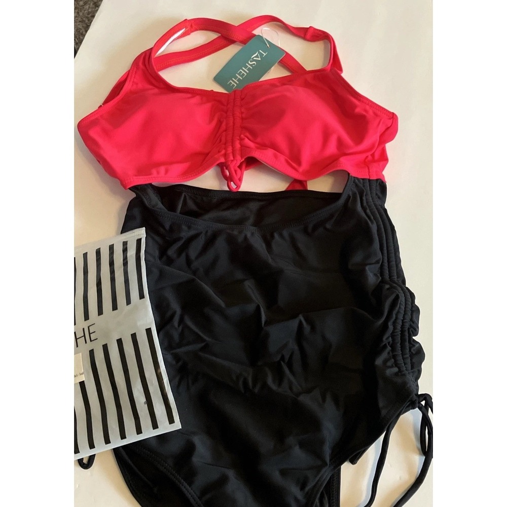 Tashehe Red Black Cutout Ruched High Waist One Piece Swimsuit Size Small C91